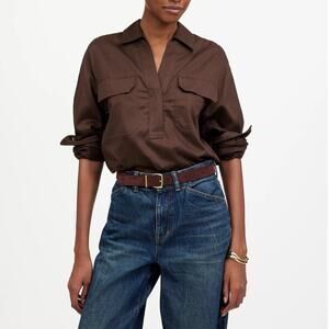 NWT Madewell Utility Long-Sleeve Popover Shirt V-Neck Pockets Dark Carob XXS